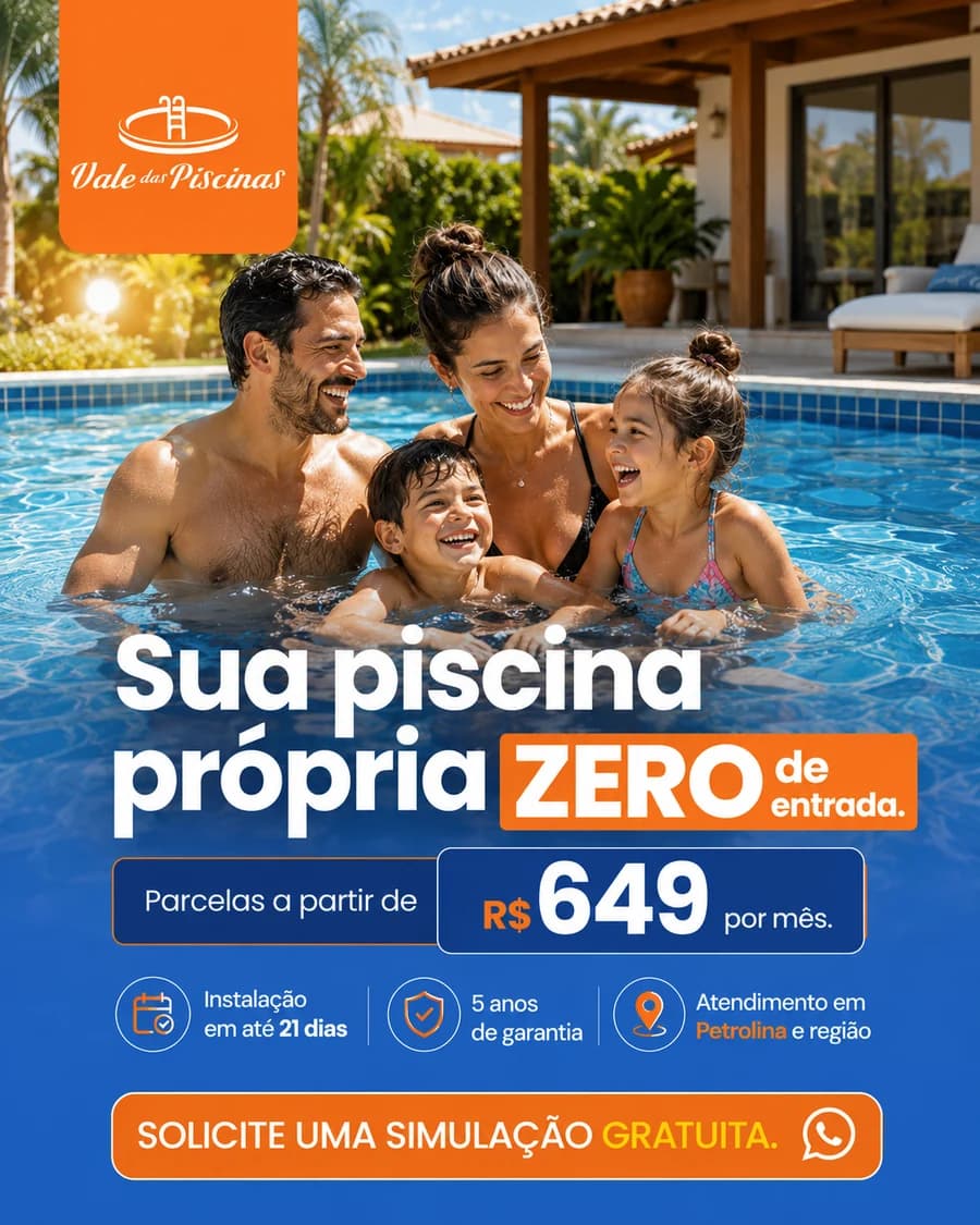 Anúncio da loja parceira Vale das Piscinas: família na piscina, piscina própria com zero de entrada e parcelas a partir de R$ 649 por mês