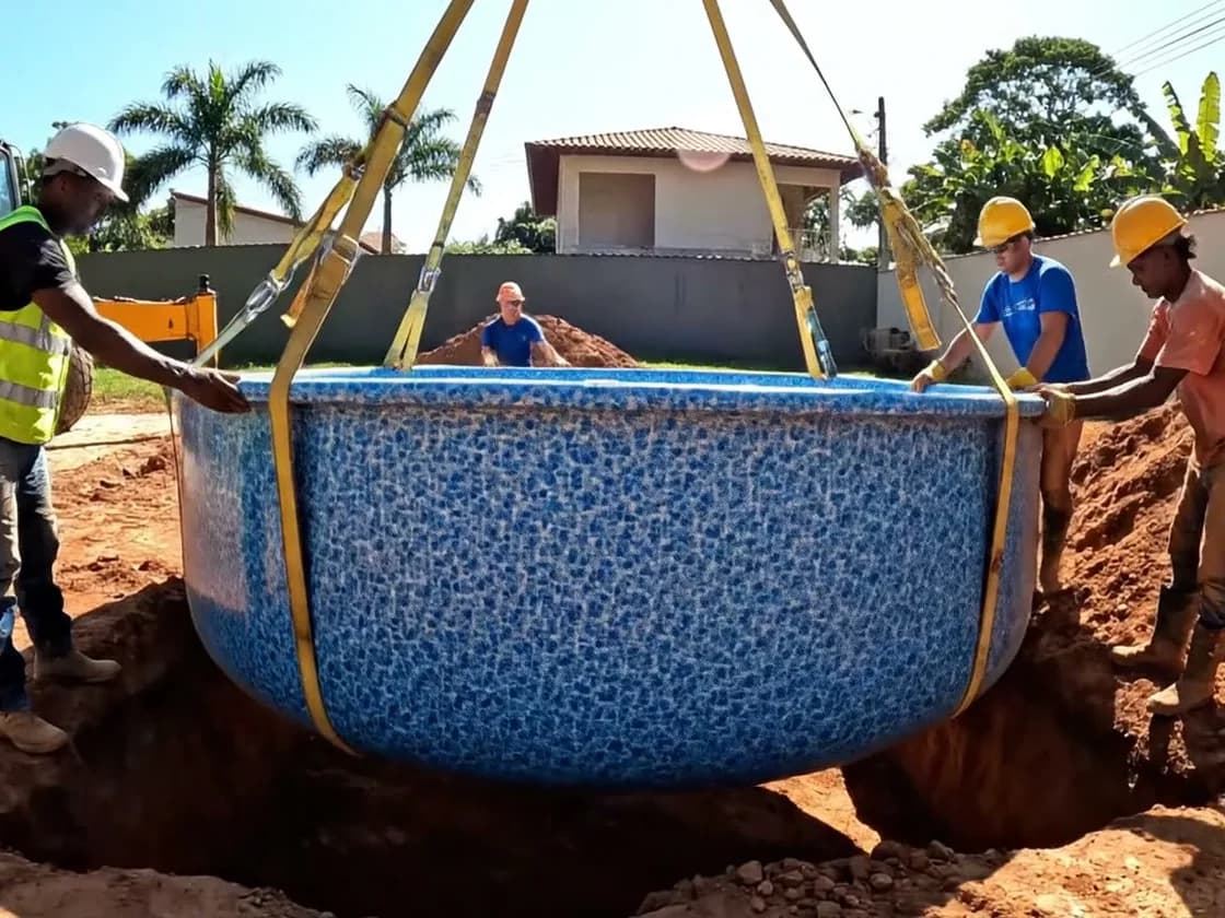 Piscina de fibra sendo instalada por guindaste na obra